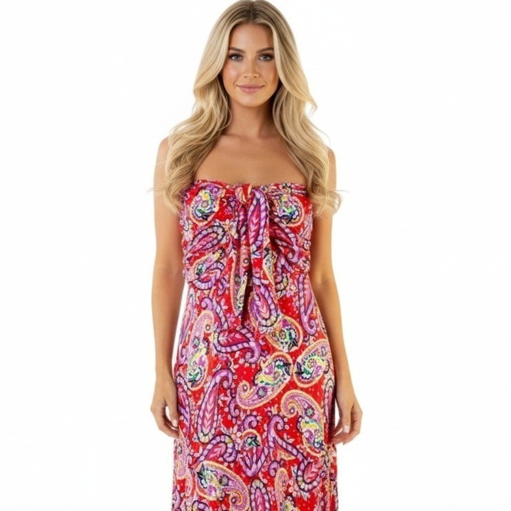 Boden Strapless Maxi Dress Women's 2R Red Paisley Tie Front Boho Summer J0435